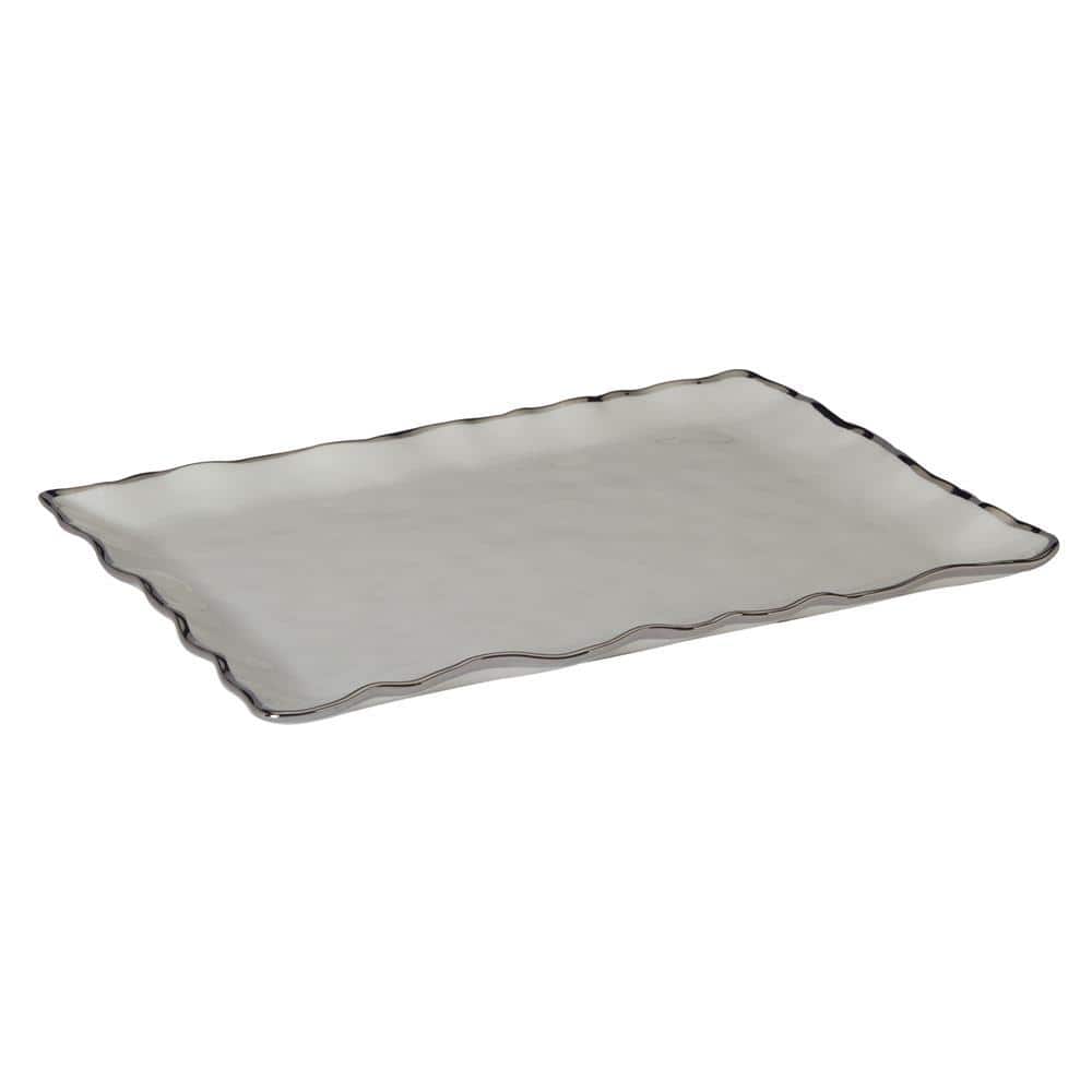 Elegant Silver Rimmed Rectangular Ceramic Serving Platter, 16 inches