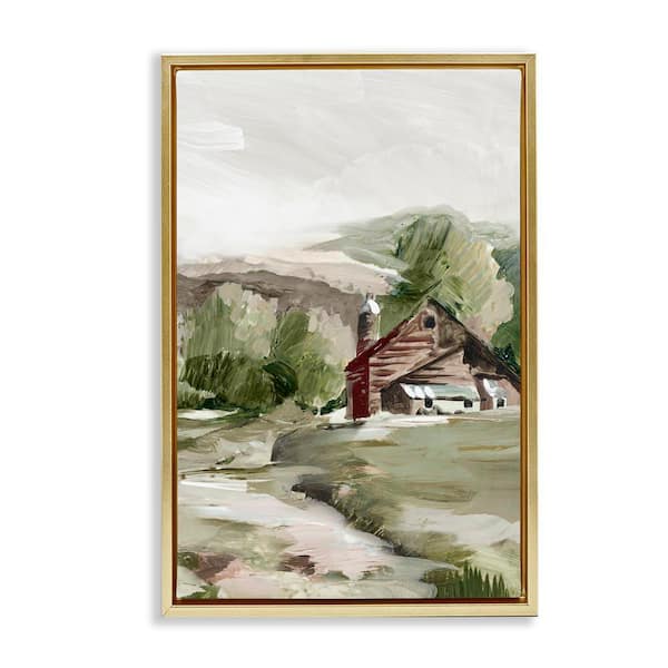 Stupell Industries Rural Cabin Farmland by Lera Gold Floater Frame Nature Graphic Art Print 25 in. x 17 in.