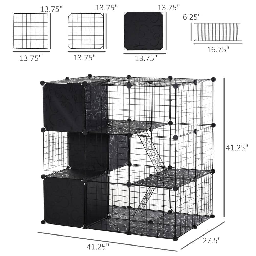 Black Metal Multi-Level Cat Playpen with Ramps and Storage