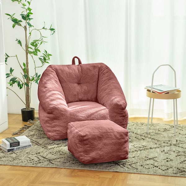 CSC DECOR INC Tufted Bean Bag Chair with 1 Ottoman and Soft Memory Foam, Fluffy and Lazy Sofa, Comfy Cozy Bean Bag Sofa in Red