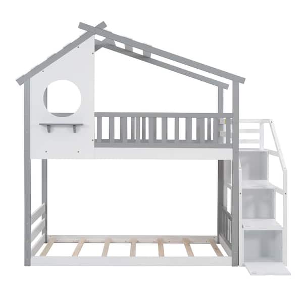 GHOUSE SSuper Gray/White Wood Twin-Over-Twin Bunk Bed House Bed with Staircases