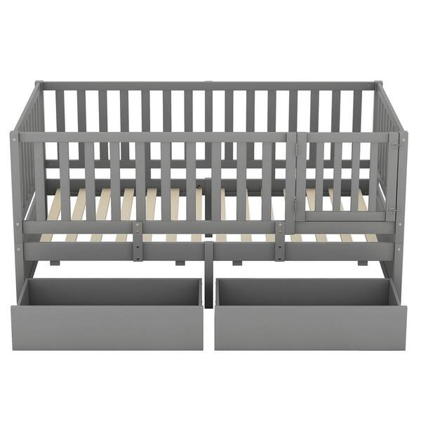 Gray Wood Frame Twin Size Daybed with Semi-Enclosed Bed Rail