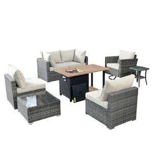Daffodil Y Gray 8-Piece Wicker Patio Storage Fire Pit Conversation Set with a Swivel Rocking Chair and Beige Cushions