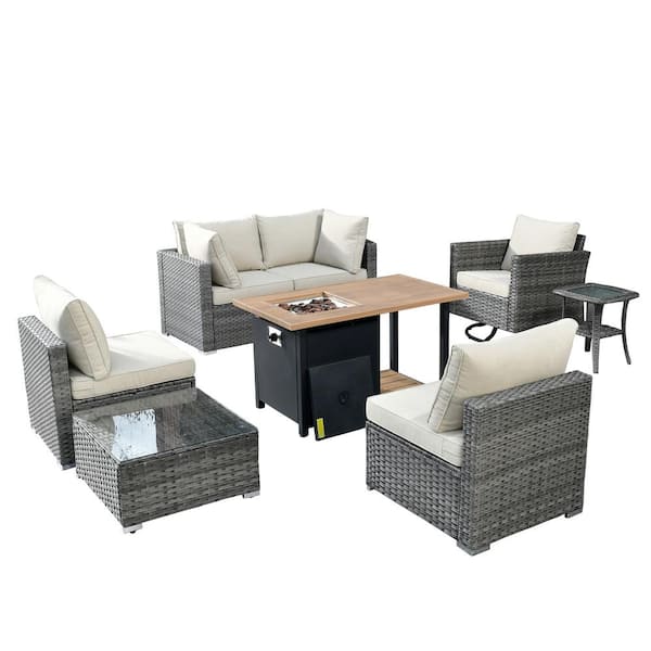 weaxty W Daffodil Y Gray 8-Piece Wicker Patio Storage Fire Pit Conversation Set with a Swivel Rocking Chair and Beige Cushions