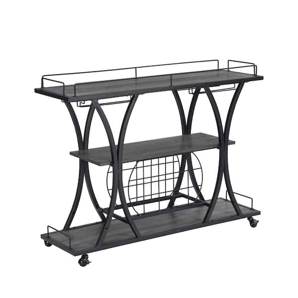 grossag Black Wood Kitchen Cart 11 Bottles and 16 Wine Glass Rack Lock Wheels, 3-Tier Storage Shelves