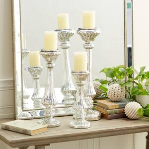 Silver Glass Handmade Turned Style Pillar Candle Holder with Faux Mercury Glass Finish (Set of 3)