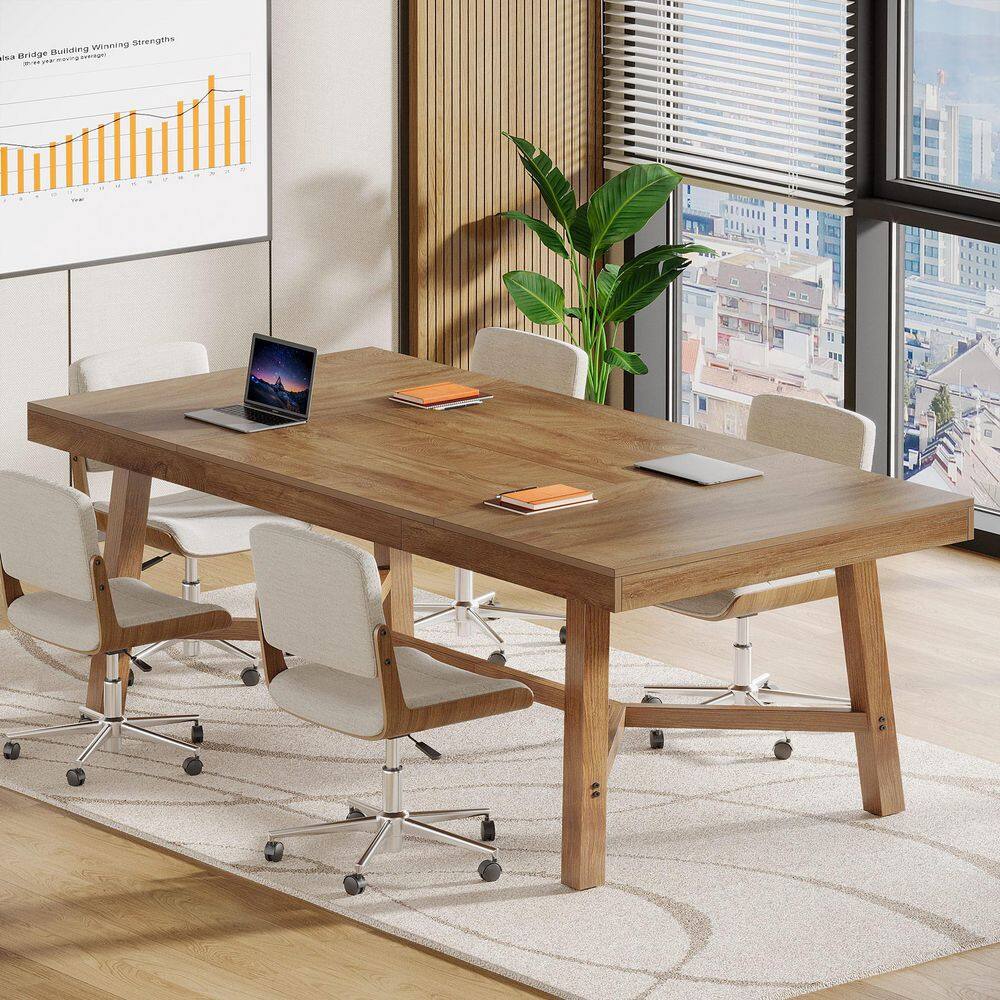 71 in. Rectangular Light Brown Engineered Wood Conference Table for 6 to 8 People, 6ft Large Office Desk Computer Desk