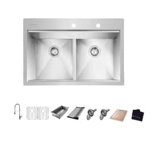 Zero Radius Drop-in 18G Stainless Steel 33 in. 2-Hole 50/50 Double Bowl Workstation Kitchen Sink with Spring Neck Faucet