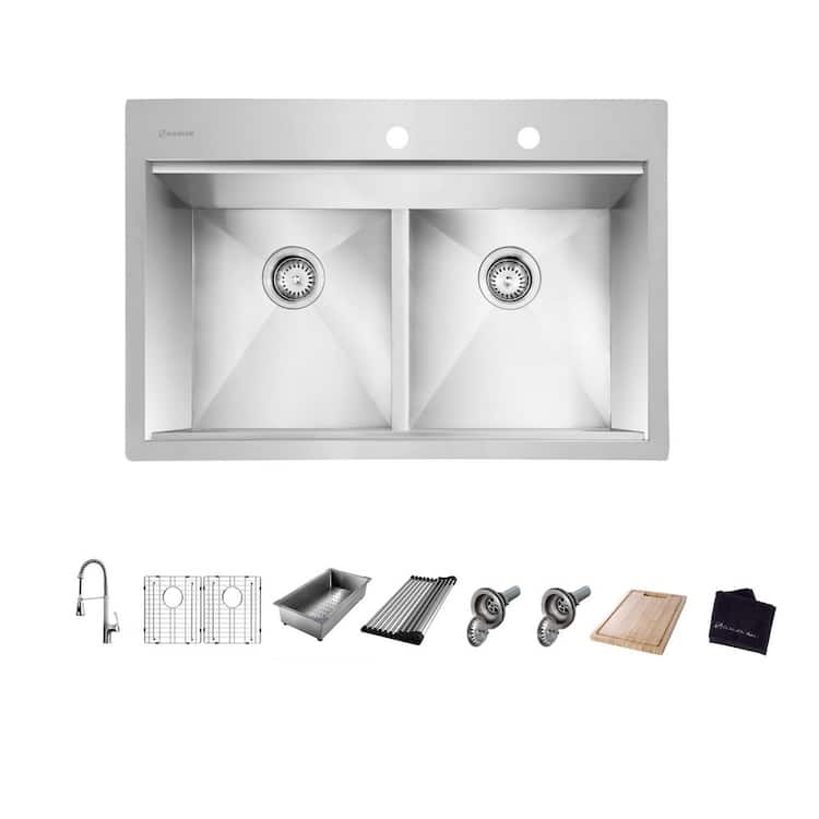 Glacier Bay Zero Radius Drop-in 18G Stainless Steel 33 in. 2-Hole 50/50 Double Bowl Workstation Kitchen Sink with Spring Neck Faucet