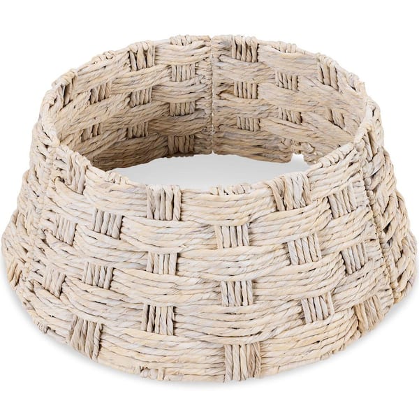 24 in. Basket Woven Hyacinth Christmas Cellulose Tree Collar, Skirt Accessory with Cord Cut-Out in White Washed