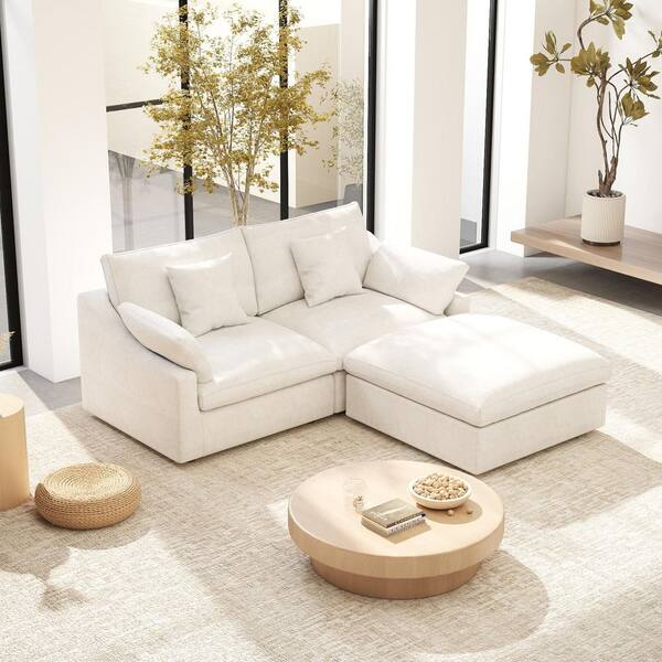 83 in. W Square Arm Linen Upholstered Rectangle 2-Seater Sectional Sofa with Ottoman in White