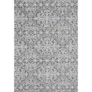 Symphony 9 ft. X 12 ft. Ivory/Charcoal Damask Indoor/Outdoor Area Rug