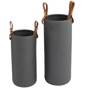 Black Ceramic Decorative Vase with Leather Handles (Set of 2)