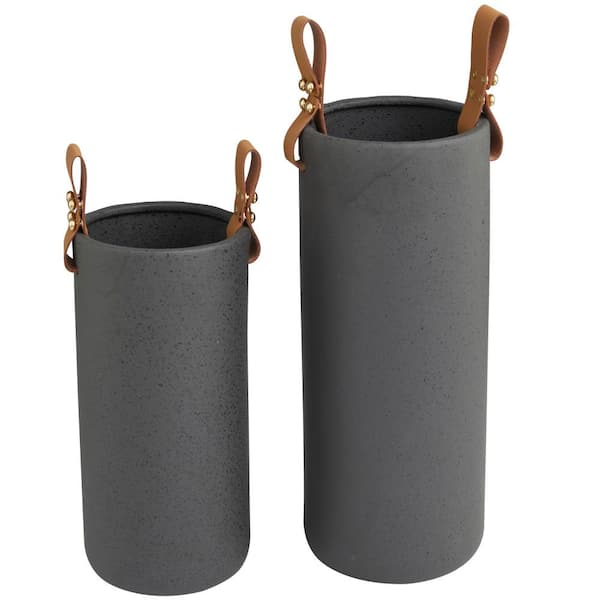 Litton Lane Black Ceramic Decorative Vase with Leather Handles (Set of 2)