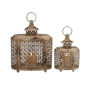 Beige Metal Candle Lantern with Intricate Scroll Work (Set of 2)