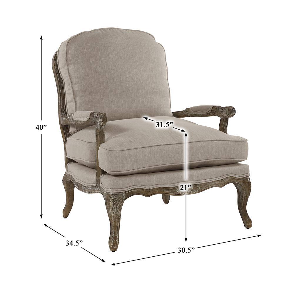 Natural Linen and Wood Accent Chair with Carved Details