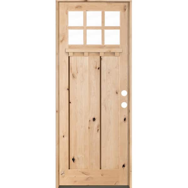 Krosswood Doors 42 in. x 96 in. Craftsman 2 Panel 6-Lite Clear Low-E w/Dentil Shelf Left-Hand Unfinished Wood Alder Prehung Front Door