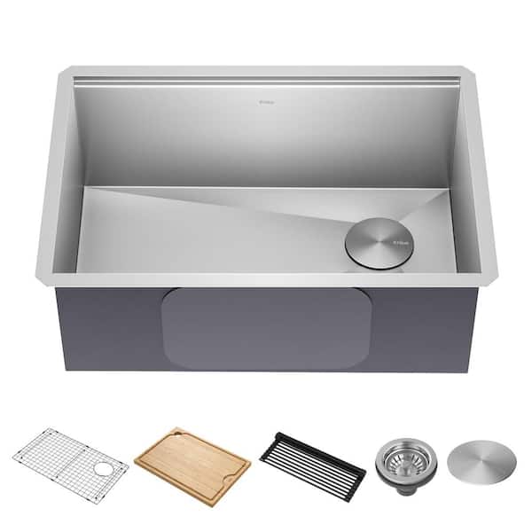 KRAUS Kore 27 in. Undermount Single Bowl 16 Gauge Stainless Steel Kitchen Workstation Sink with Accessories
