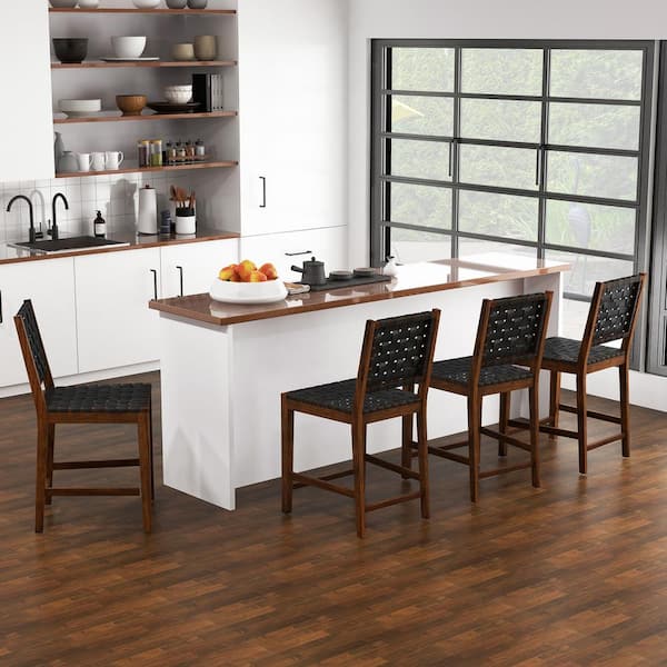 HONEY JOY 24 in. Wood Faux Leather Woven Bar Stools Counter Height Bar Chairs with High Backrest Footrest (Set of 4)