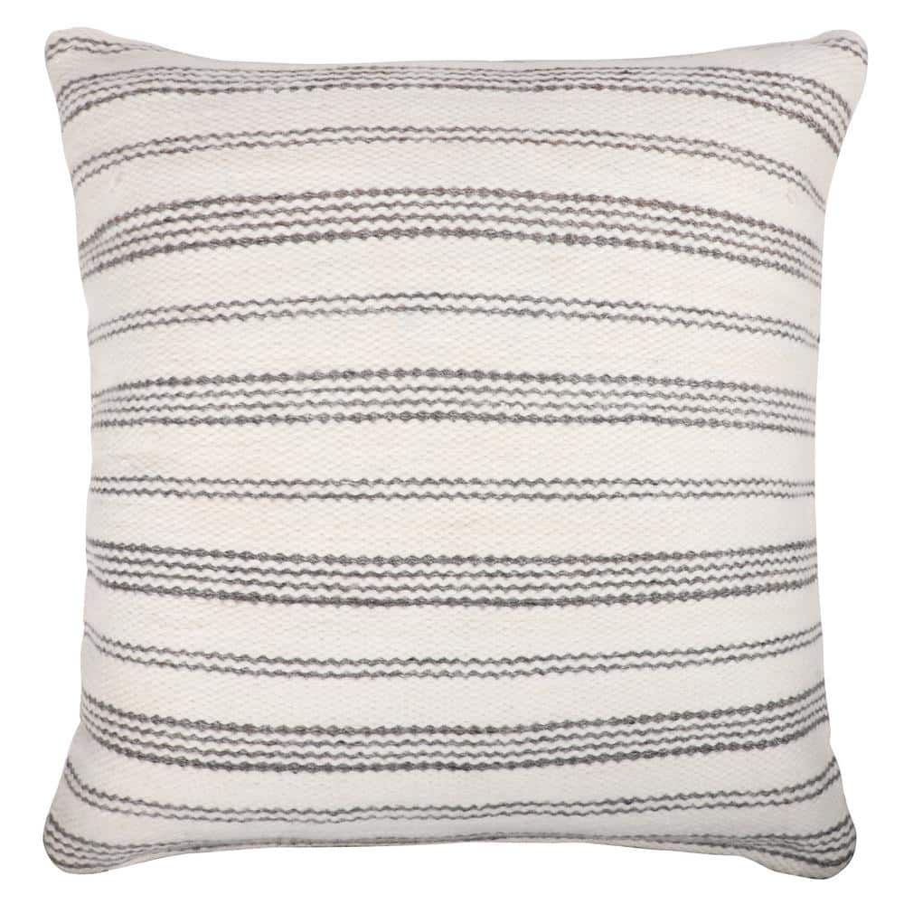 20" White and Gray Striped Hand-Woven Square Throw Pillow