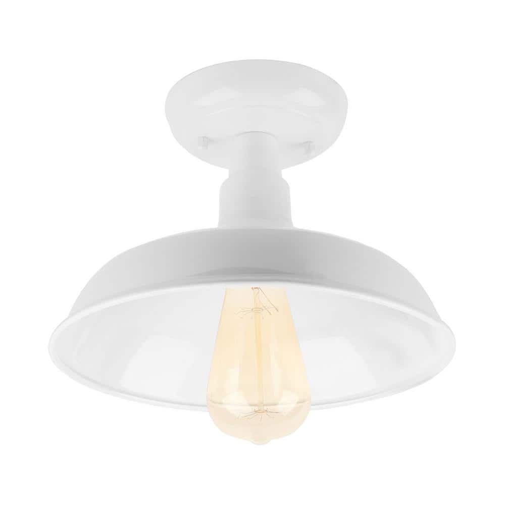 Antique White Glass Semi-Flush Ceiling Light with Steel Shade