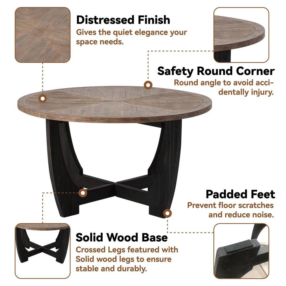 Rustic Brown and Black Round Wood Coffee Table with Crisscross Base