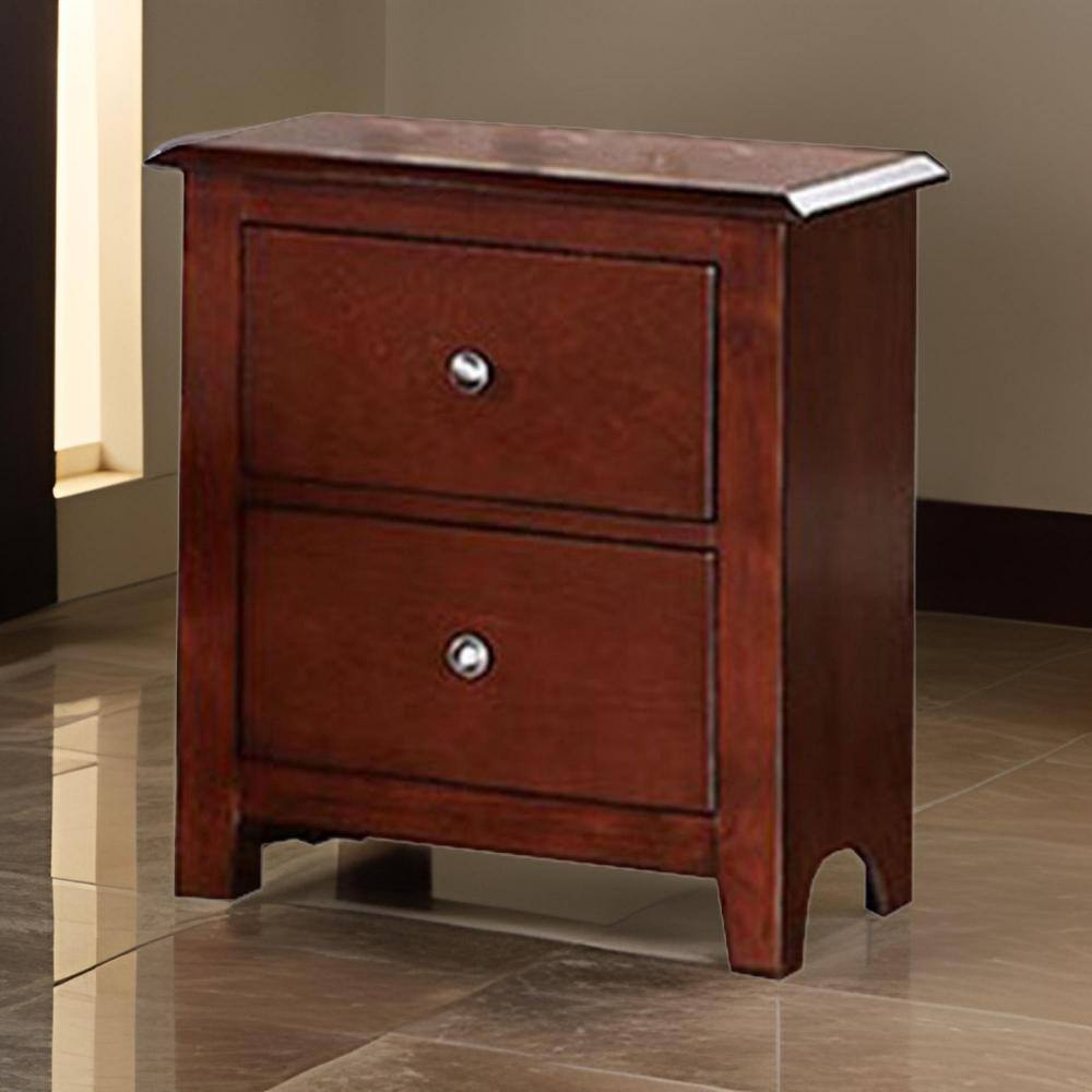 25" Brown Pine and MDF 2-Drawer Nightstand with Metal Pulls