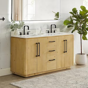 Serene 60 in. Double Freestanding Nature Brown Bath Vanity with Grain White Engineered Stone Top Assembled