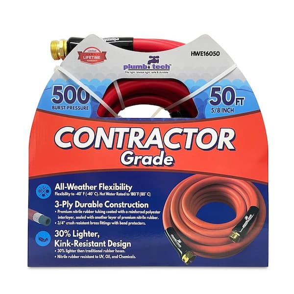 plumb tech Fits right, always tight, safe & durable. 5/8 in dia. x 50 ft. Premium Red Nitrile Rubber Multi-Purpose Hot/Cold Water Hose: Contractor Grade, BP 500-Piece