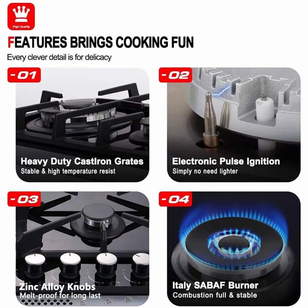 24-inch Black Tempered Glass 4-Burner Propane Gas Cooktop