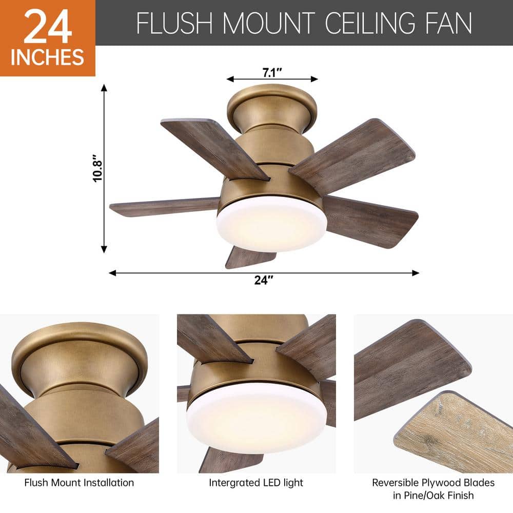 24" Brass Gold LED Flush Mount Ceiling Fan with Remote and Reversible Blades