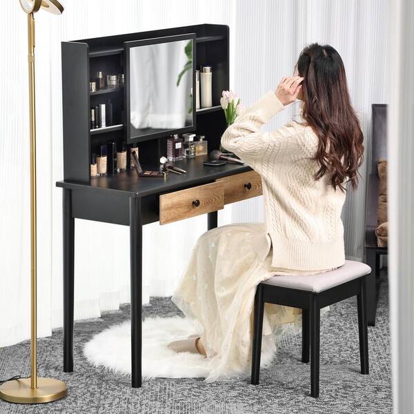 Wampat Black Makeup Vanity Table Set, Black Makeup Vanity With Mirror