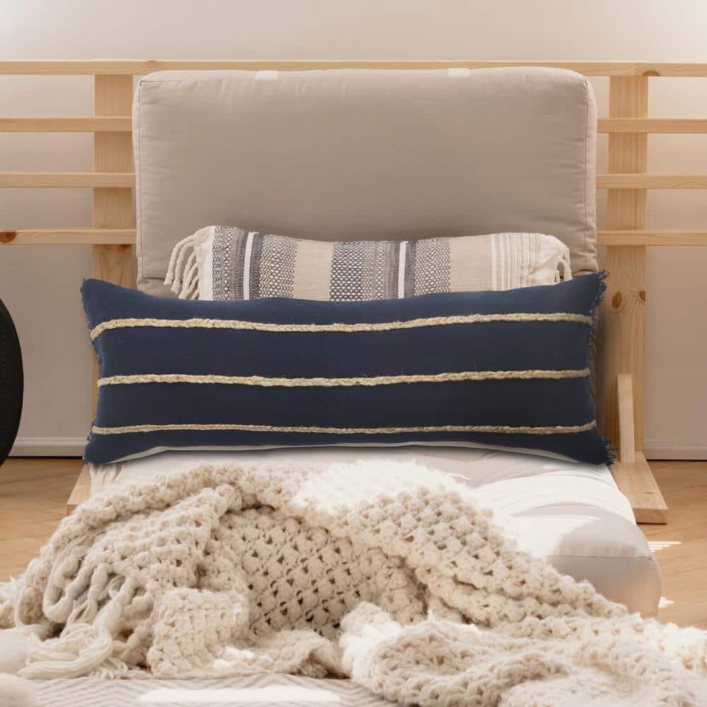 Navy and Tan Jute Braided Rectangular Lumbar Pillow