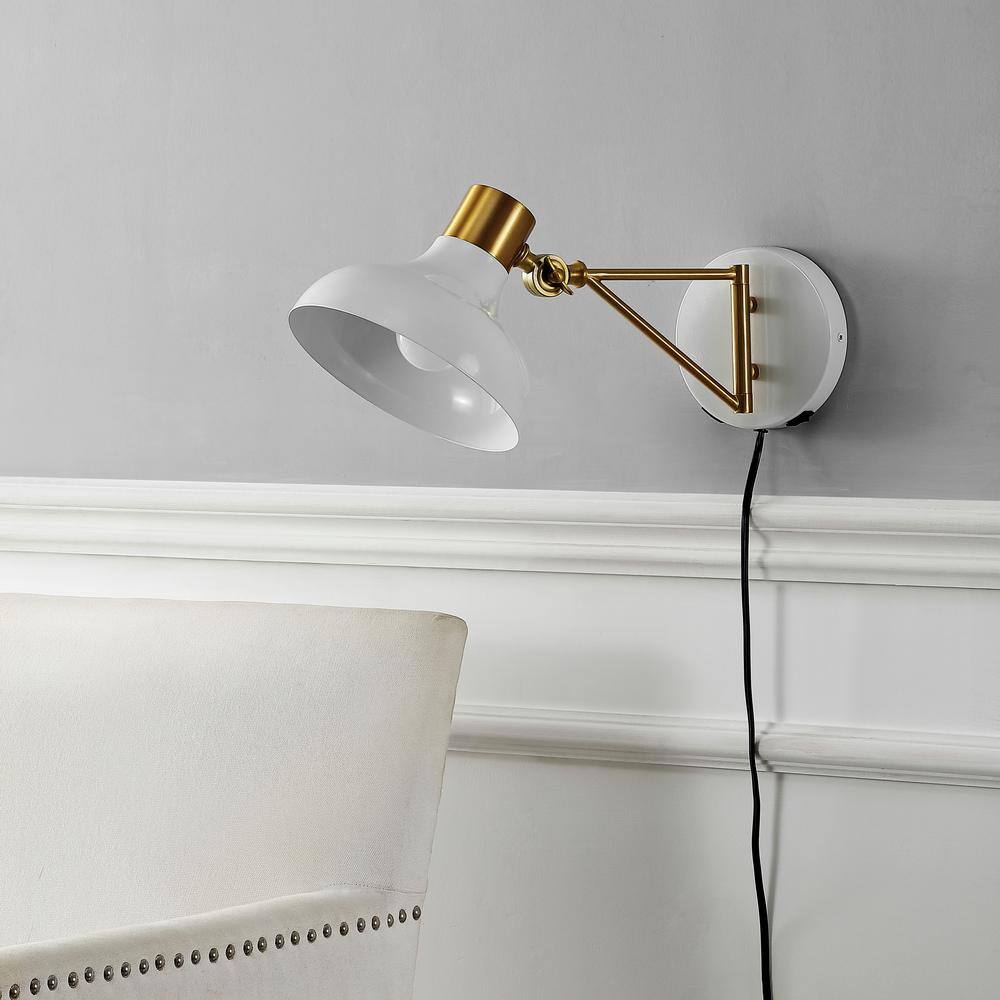 White and Brass Gold Iron Swing Arm Wall Sconce with USB Charging Port