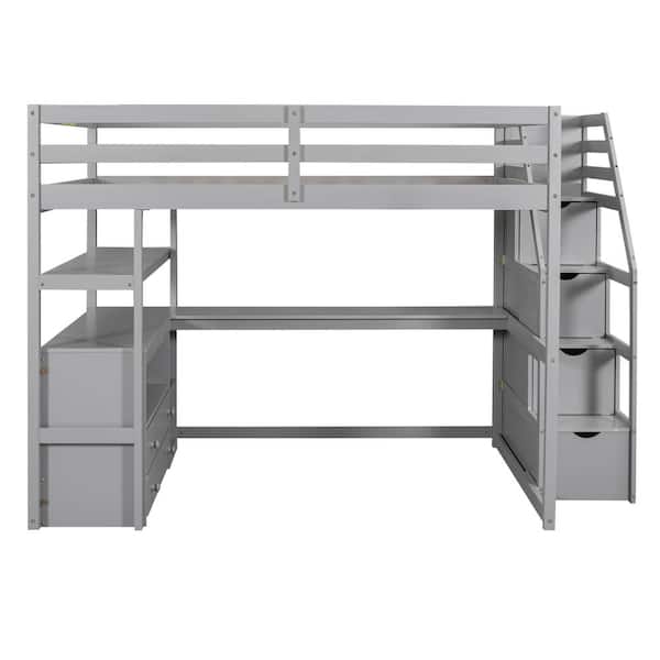 Full Size Loft Bed with Desk and Shelves, 2 Built-in Drawers, Storage Staircase, Gray