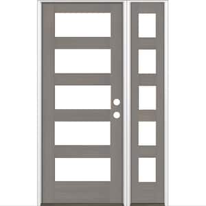 46 in. x 80 in. Modern Hemlock Left-Hand/Inswing 5-Lite Clear Glass Grey Stain Wood Prehung Front Door w/Sidelite