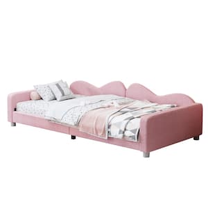 Pink Wood Frame Twin Size Upholstered Platform Bed with Cloud-Shaped Backrest, No Box-spring Needed