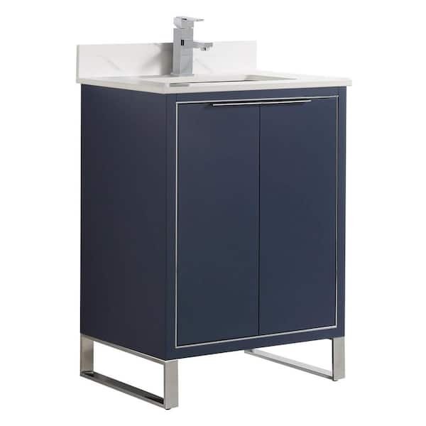 FINE FIXTURES Opulence 24 in. W x 18 in. D x 33.5 in H. Bath Vanity in Navy Blue with White Carrara Single Sink Stone Top