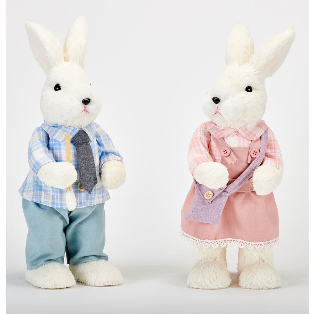 14 in Easter Boy and Girl White Sisal Standing Dressed Bunnies, Set of 2