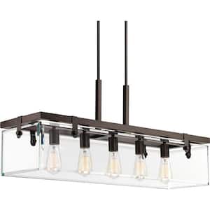 Glayse Collection 36-3/4 in. 5-Light Antique Bronze Clear Glass Modern Luxury Linear Chandelier Dining Light