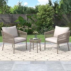 Beige 3-Piece Metal Outdoor Woven Rope Bistro Set with Beige Cushions and Table