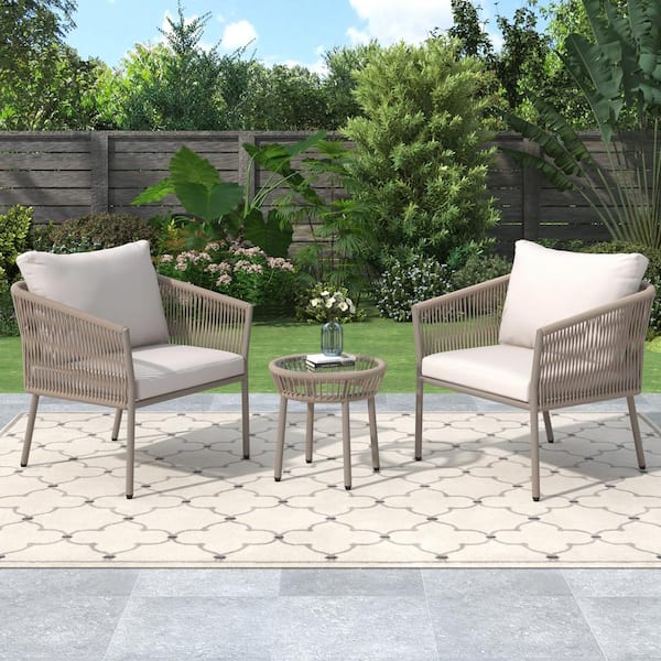 Harper & Bright Designs Beige 3-Piece Metal Outdoor Woven Rope Bistro Set with Beige Cushions and Table