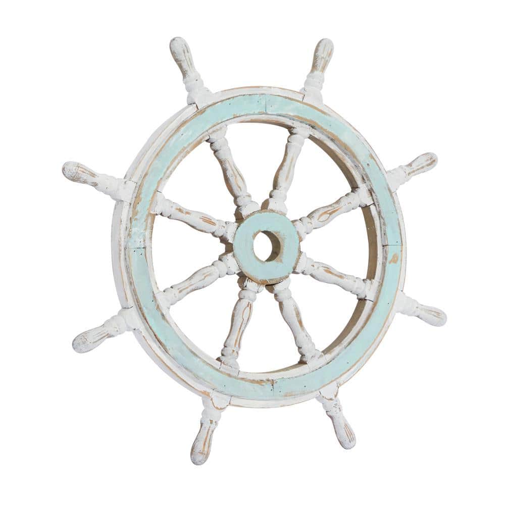 24" Blue and White Distressed Wood Ship Wheel Wall Decor