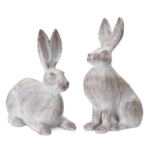 HomeRoots Resin White Washed Rabbit Tabletop Sculpture Set of 2