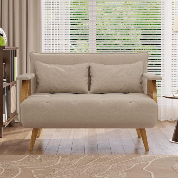 JASIWAY 43.3 in. Beige Twin Sleeper Size Folding Linen Sofa Bed