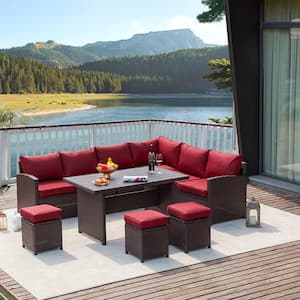 7-Pieces Patio Brown Wicker Furniture Set with Red Cushions