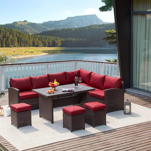 AECOJOY 7-Pieces Patio Brown Wicker Furniture Set with Red Cushions
