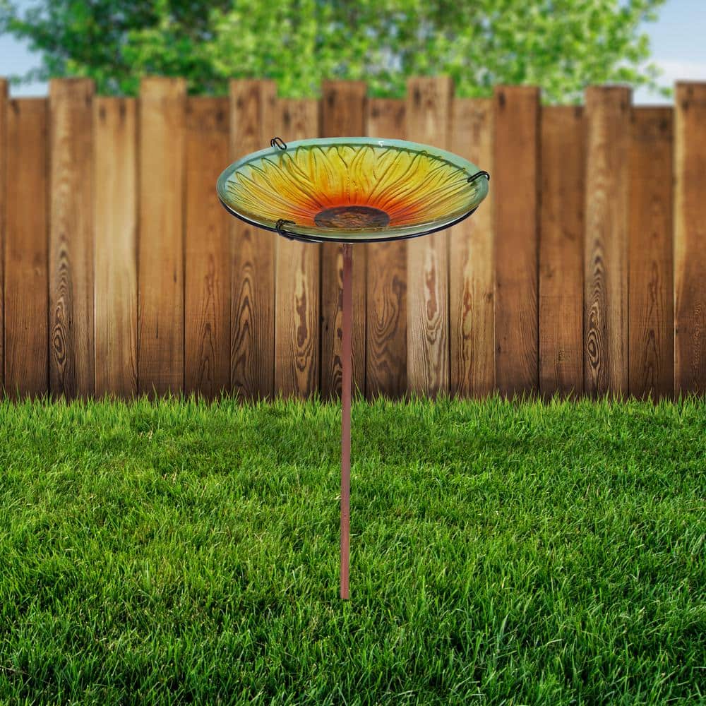 Blooming Sunflower Glass Bird Bath with Iron Stake and Clamp