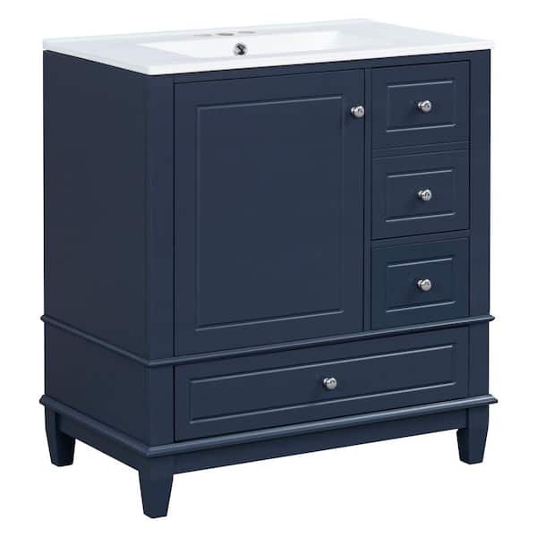 30 in. Freestanding Blue Bath Vanity with White Ceramic Sink Top 3 Drawers, Solid Wood Frame