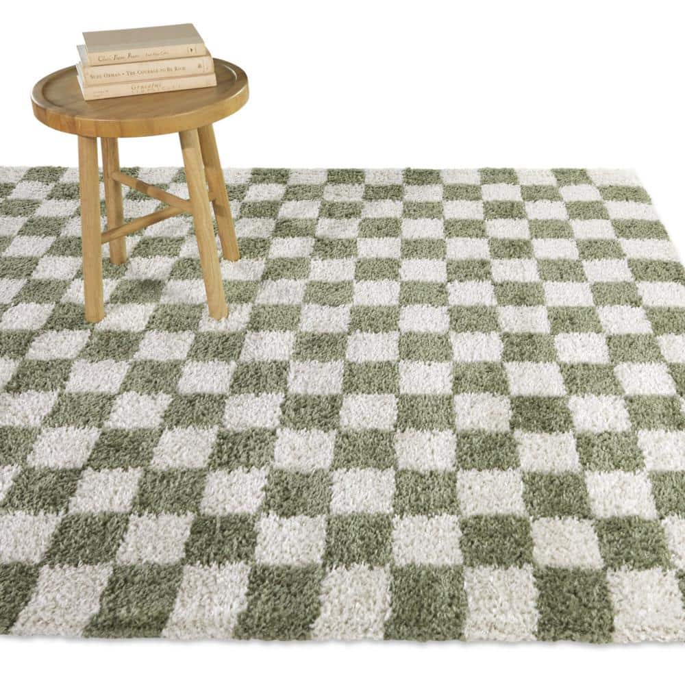 Green and White Checkered Synthetic Kids' Area Rug 8' x 10'